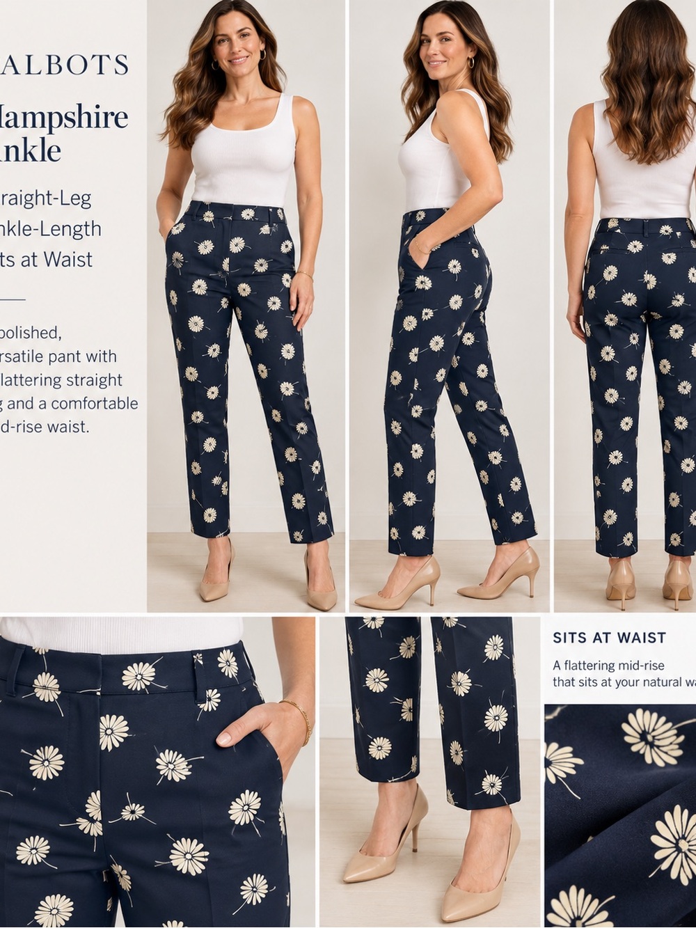 Talbots Navy Straight-Leg Ankle Pants with Cream Daisy Print